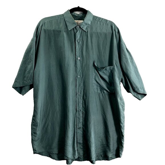100% SILK Shirt Men Size M Green City Streets Button Down Short Sleeve 9-17 - Picture 1 of 13